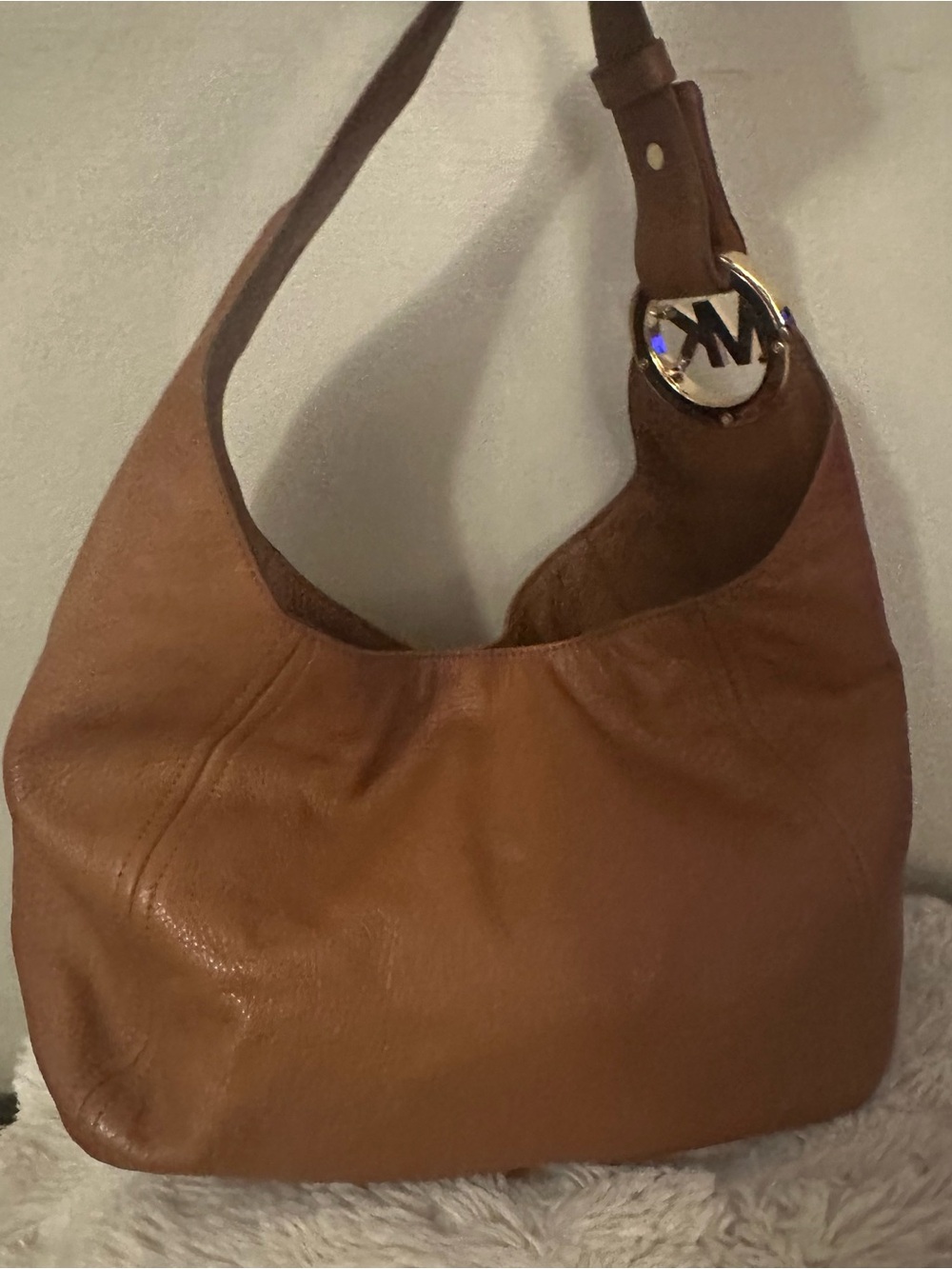 Michael Kors Brown Leather Shoulder Hobo with Gold MK Ring